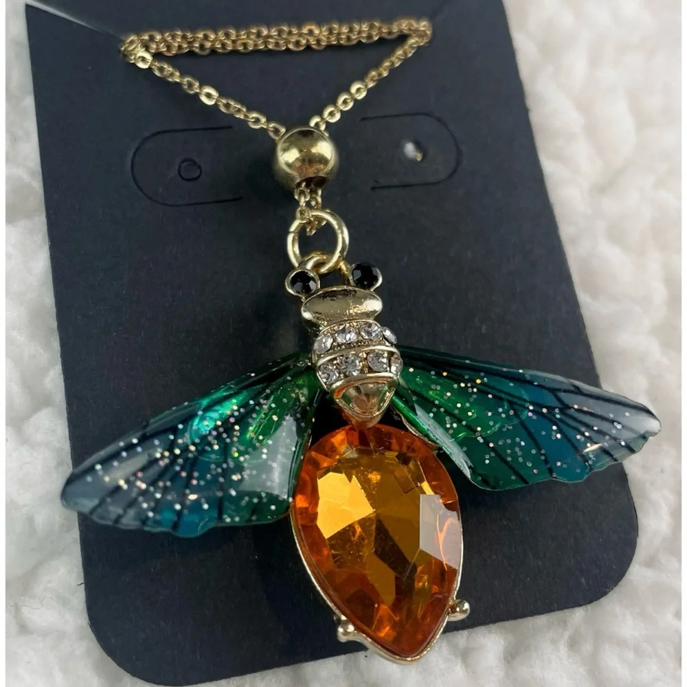 (NWOT) Blue/Green/Orange/Gold Firefly Necklace w/ Matching Drop Earrings - Picture 4 of 15
